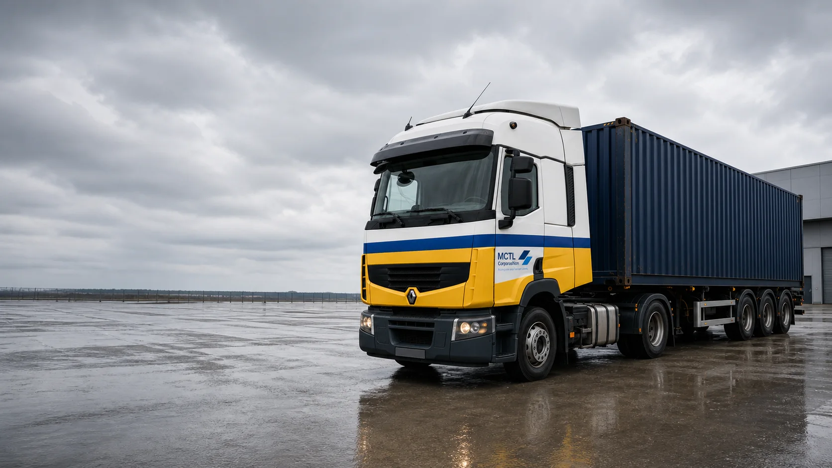 Camion Renault jaune et bleu MCTL dans un parc logistique